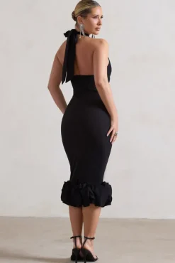 Ashton | Black High-Neck Midi Dress With Ruffle Hem