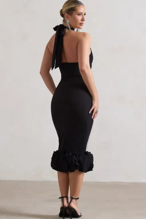 Ashton | Black High-Neck Midi Dress With Ruffle Hem