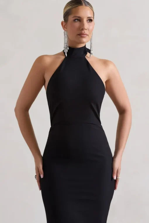 Ashton | Black High-Neck Midi Dress With Ruffle Hem