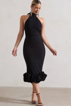 Ashton | Black High-Neck Midi Dress With Ruffle Hem