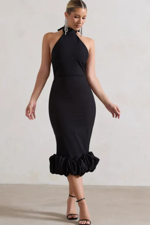 Ashton | Black High-Neck Midi Dress With Ruffle Hem