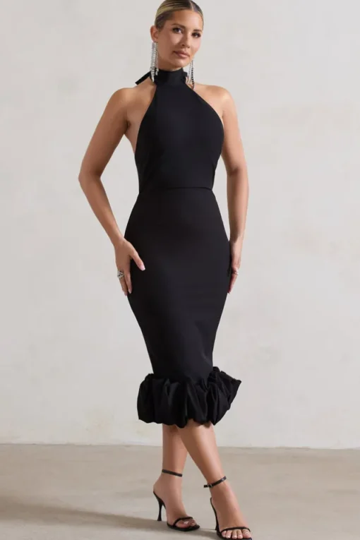 Ashton | Black High-Neck Midi Dress With Ruffle Hem