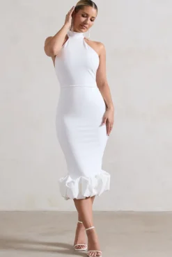 Ashton | White High-Neck Midi Dress With Ruffle Hem