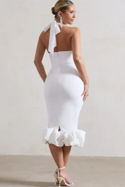 Ashton | White High-Neck Midi Dress With Ruffle Hem