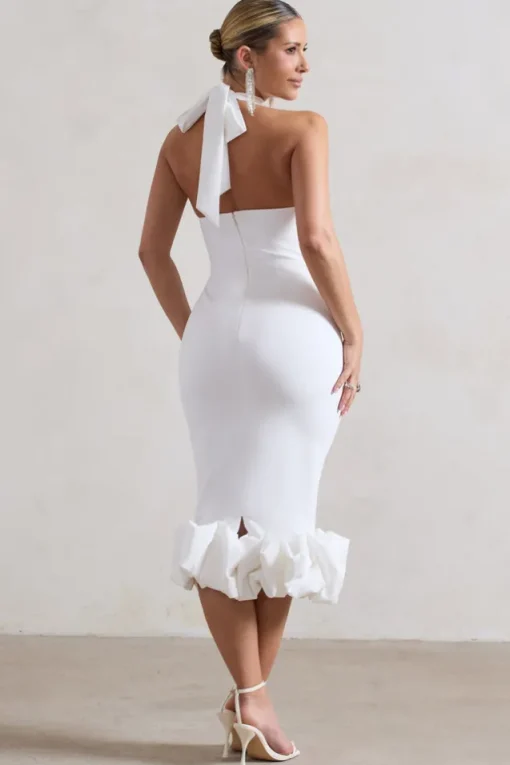Ashton | White High-Neck Midi Dress With Ruffle Hem