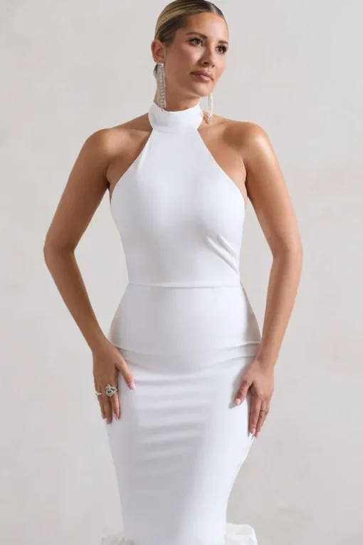 Ashton | White High-Neck Midi Dress With Ruffle Hem