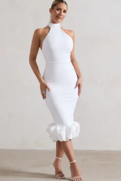 Ashton | White High-Neck Midi Dress With Ruffle Hem