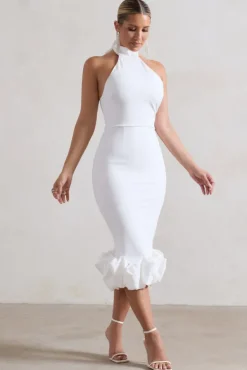 Ashton | White High-Neck Midi Dress With Ruffle Hem