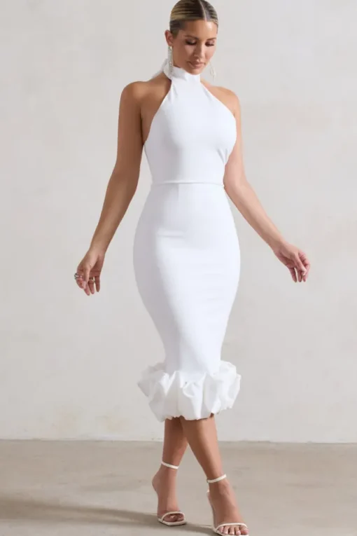Ashton | White High-Neck Midi Dress With Ruffle Hem