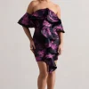 Aspen | Black Floral Print Bardot Mini Dress With Ruffles