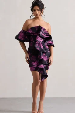 Aspen | Black Floral Print Bardot Mini Dress With Ruffles