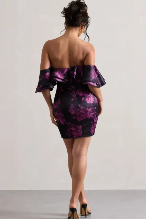 Aspen | Black Floral Print Bardot Mini Dress With Ruffles
