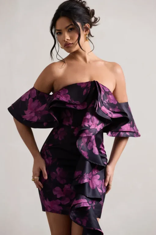 Aspen | Black Floral Print Bardot Mini Dress With Ruffles