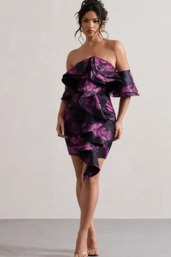 Aspen | Black Floral Print Bardot Mini Dress With Ruffles
