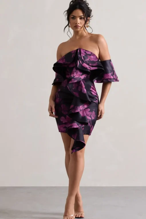 Aspen | Black Floral Print Bardot Mini Dress With Ruffles
