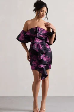 Aspen | Black Floral Print Bardot Mini Dress With Ruffles