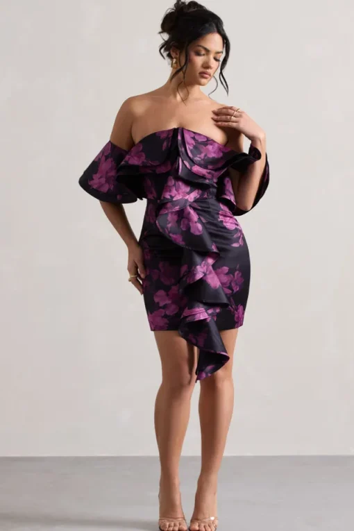 Aspen | Black Floral Print Bardot Mini Dress With Ruffles