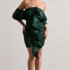 Aspen | Bottle Green Bardot Mini Dress With Ruffles