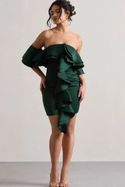 Aspen | Bottle Green Bardot Mini Dress With Ruffles