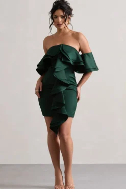 Aspen | Bottle Green Bardot Mini Dress With Ruffles