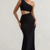 Aspyn | Black Asymmetric Twisted Cut-Out Fishtail Maxi Dress