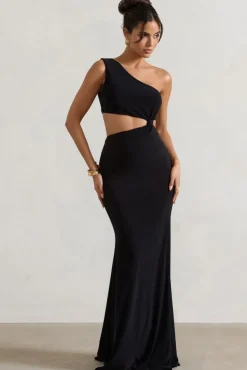Aspyn | Black Asymmetric Twisted Cut-Out Fishtail Maxi Dress