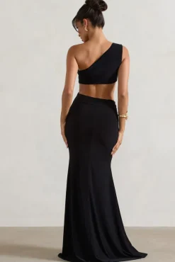 Aspyn | Black Asymmetric Twisted Cut-Out Fishtail Maxi Dress