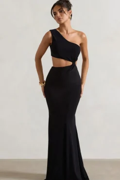 Aspyn | Black Asymmetric Twisted Cut-Out Fishtail Maxi Dress