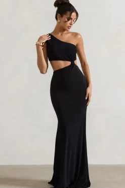 Aspyn | Black Asymmetric Twisted Cut-Out Fishtail Maxi Dress