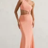 Aspyn | Coral Asymmetric Twisted Cut-Out Fishtail Maxi Dress