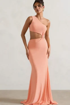 Aspyn | Coral Asymmetric Twisted Cut-Out Fishtail Maxi Dress