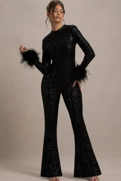 Asteroid | Black Sequin Long-Sleeve Jumpsuit With Feather Cuffs