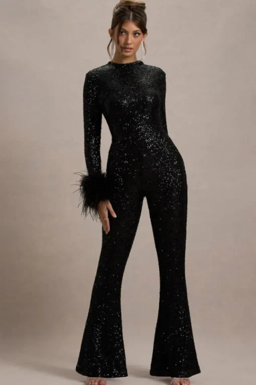 Asteroid | Black Sequin Long-Sleeve Jumpsuit With Feather Cuffs