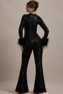 Asteroid | Black Sequin Long-Sleeve Jumpsuit With Feather Cuffs