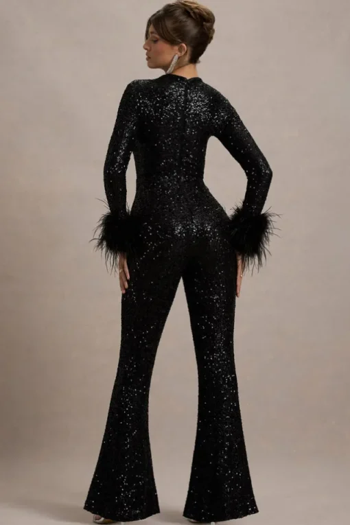 Asteroid | Black Sequin Long-Sleeve Jumpsuit With Feather Cuffs
