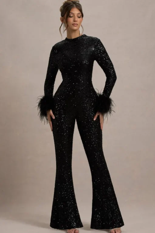 Asteroid | Black Sequin Long-Sleeve Jumpsuit With Feather Cuffs