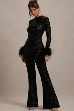 Asteroid | Black Sequin Long-Sleeve Jumpsuit With Feather Cuffs