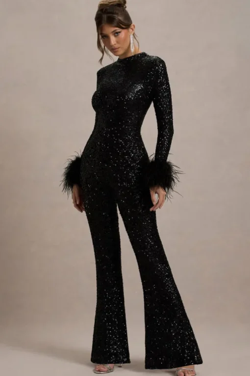 Asteroid | Black Sequin Long-Sleeve Jumpsuit With Feather Cuffs