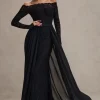 Astoria | Black Lace Bardot Maxi Dress With Chiffon Skirt