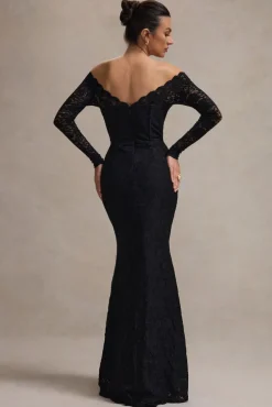 Astoria | Black Lace Bardot Maxi Dress With Chiffon Skirt