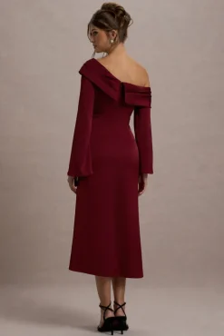 Astral | Port Satin Asymmetric Flared-Sleeve Midi Dress