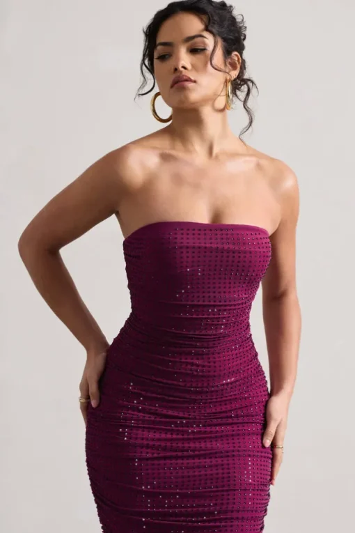 Astro | Dark Pink Embellished Bandeau Midi Dress