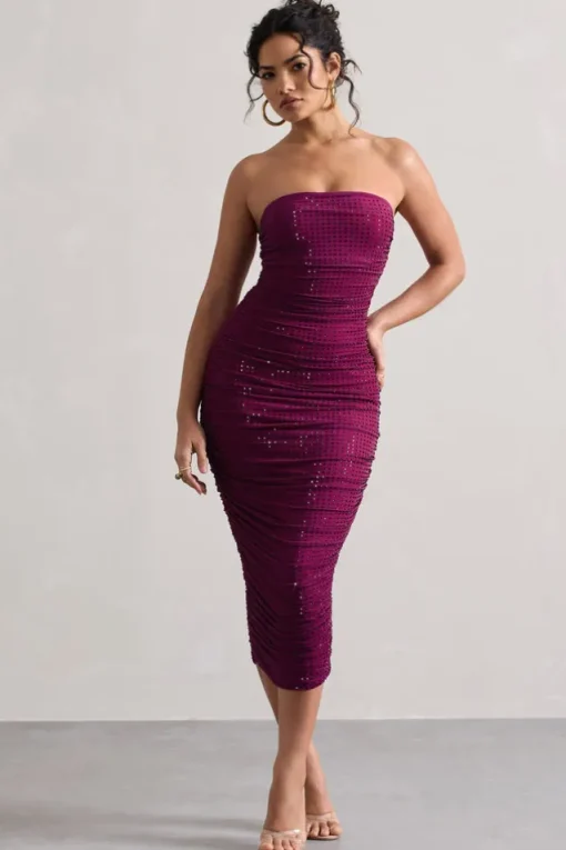 Astro | Dark Pink Embellished Bandeau Midi Dress
