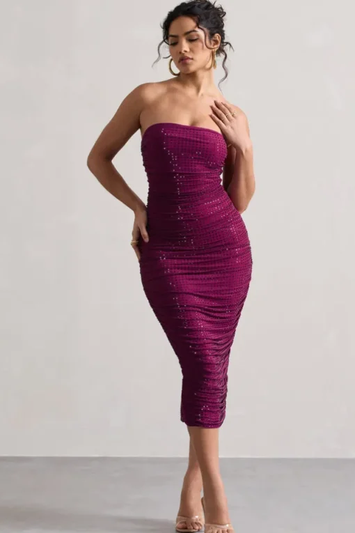 Astro | Dark Pink Embellished Bandeau Midi Dress