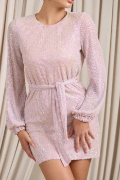 Astrological | Nude Mix Sequin Long Sleeve Mini Dress With Belt Detail