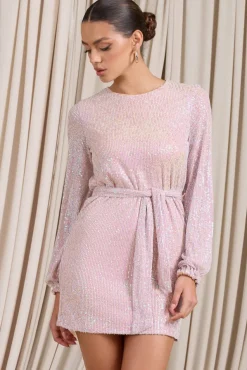 Astrological | Nude Mix Sequin Long Sleeve Mini Dress With Belt Detail