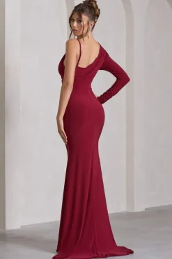 At Dusk | Berry Red One-Sleeved Cowl-Neck Fishtail Maxi Dress