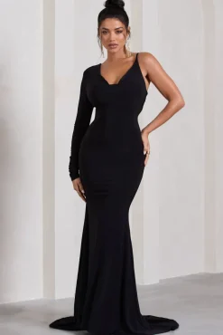 At Dusk | Black One-Sleeved Cowl-Neck Fishtail Maxi Dress