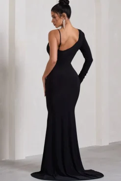 At Dusk | Black One-Sleeved Cowl-Neck Fishtail Maxi Dress