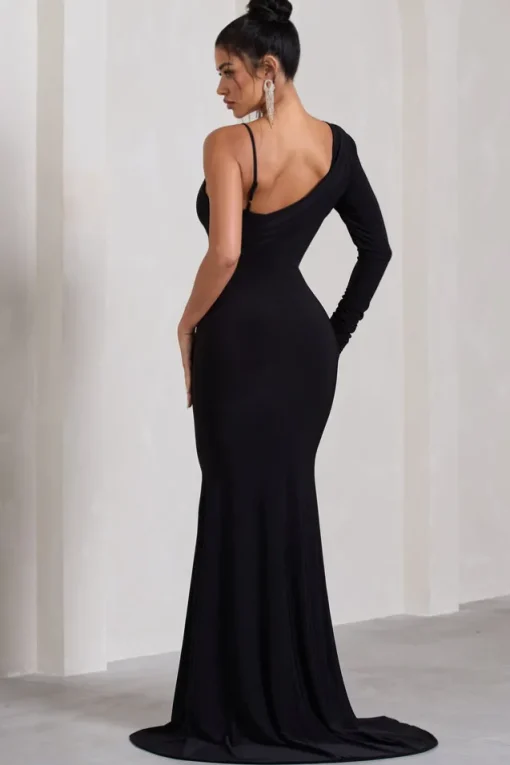 At Dusk | Black One-Sleeved Cowl-Neck Fishtail Maxi Dress